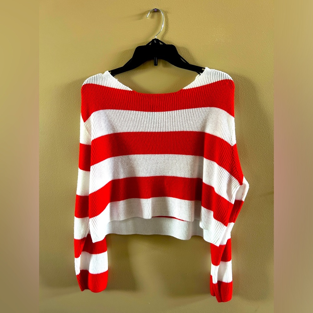 Off the Shoulder Red and White Striped Sweater